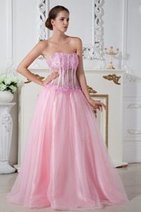 Baby Pink Strapless Appliques Prom Evening Dress with Transparent Waist
