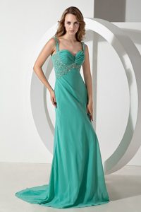 Column Green Straps Brush Train Chiffon Beading Ruching Prom Dress