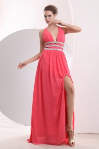 Halter Sexy Watermelon Red Empire Prom Dress Brush Train Beading