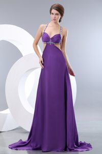 Sexy Purple Empire Straps Cutout Prom Dress Beading Brush Train