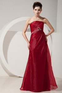 Empire Strapless Wine Red Prom Dress Beading and Ruching Organza