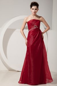 Empire Strapless Wine Red Prom Dress Beading and Ruching Organza