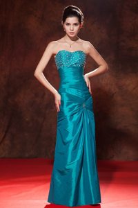 Teal Column Sweetheart Taffeta Prom Dress with Beading and Ruching