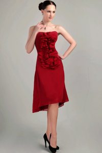 Wine Red Column Strapless Asymmetrical Prom Dress with Ruffles
