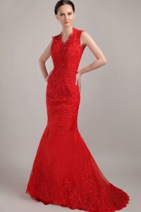 Straps Red Mermaid V-neck Brush Lace Prom Dress With Back Cutout
