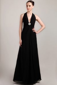 Column Halter Black Chiffon Beading and Ruching Prom Dress