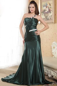 One Shoulder Dark Green Elastic Woven Satin Ruched Prom Dress