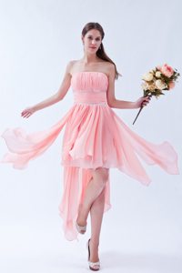 Beading Ruched Strapless Prom Formal Dresses with Asymmetrical Hem