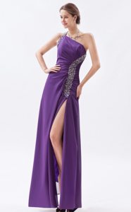 One Shoulder Purple Column High Slit Beaded Chiffon Prom Dress