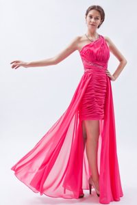 High-low Ruched Hot Pink Prom Party Dress with Sequins and One Shoulder