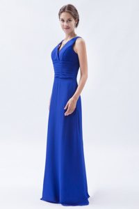Royal Blue Column V-neck Chiffon Ruched Prom Dress with Pleats