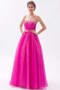 Hot Pink A-line Sweetheart Beading Ruching Waist Band Prom Dress