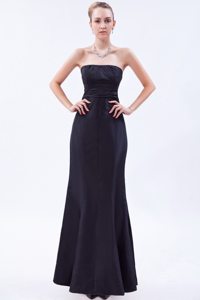 Navy Blue Colum Strapless Satin Ruched Prom Dress with Bowknot