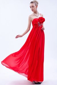 Red One Shoulder Empire Prom Dress with Beading and Hand Flowers