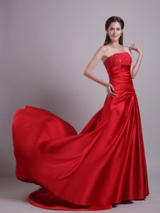 Red Empire Strapless Court Train Beading and Ruche Prom Dress