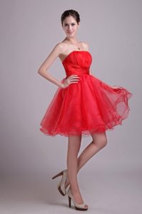 Red A-line Strapless Mini-length Organza Beading Prom Dress