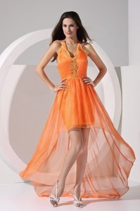 Orange Halter Appliques High Low Cool Back Chiffon Prom Gown Dresses