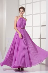 Halter Pleats Sash Ankle-length Chiffon Lavender Prom Bridesmaid Dress
