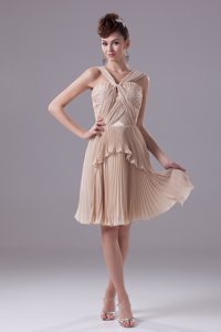 V-neck Ruched Ruffles layered Knee-length Champagne Prom Dresses