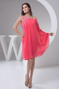 One Shoulder Beaded Knee Length Chiffon Watermelon Prom Maxi Dress