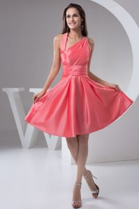 Asymmetrical Neck Ruched Mini-length Watermelon Prom Celebrity Dress