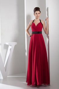 Halter Column Red V-neck Prom Dress with Black Sash for Cheap