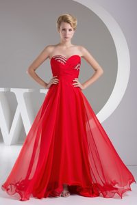 Sequins Ruched Sweetheart Red Long Chiffon Prom Homecoming Dress