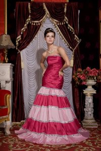 Mermaid Taffeta Hot Pink Prom Dress with Sequins Brush Train