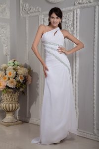 White Cheap Asymmetrical Brush Train Beaded Chiffon Prom Dress