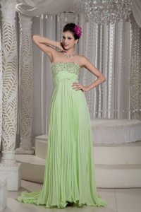 Chiffon Yellow Green Strapless Beaded Brush Train Prom Dress