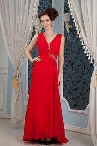 Column V-neck Red Beading Chiffon Prom Dress with Brush Train