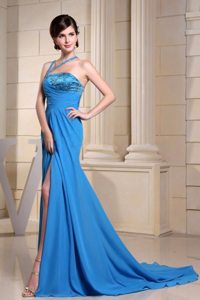 Asymmetrical Beaded Prom Dress With High Slit Crisscross Back