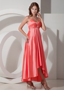 Spaghetti Straps Satin V-neck Watermelon Prom Dress with Beads