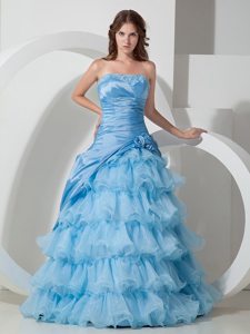 Baby Blue Organza Strapless Hand Flowers Prom Dress Ruffled