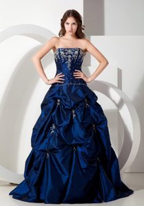 Royal Blue Strapless A-line Taffeta Prom Dress with Appliques