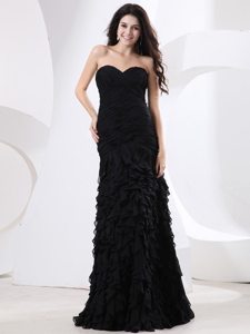 Sweetheart Ruched Black Prom Gown Dress With Ruffles for Cheap