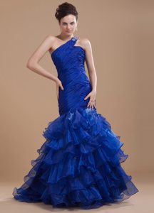 Royal Blue One Shoulder Mermaid Organza Prom Dress Ruffled