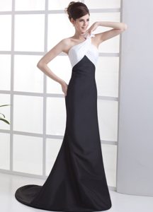 Satin White and Black One Shoulder Prom Gown with Hand Flower