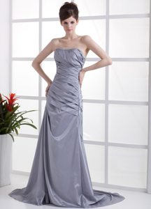 Strapless Ruche Grey Taffeta Brush Train Prom Dress with Beads