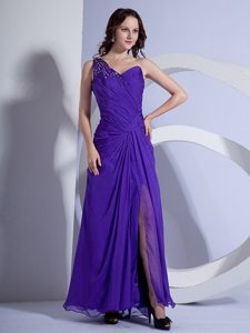 Ruched Purple One Shoulder High Split Beaded Dress for Prom