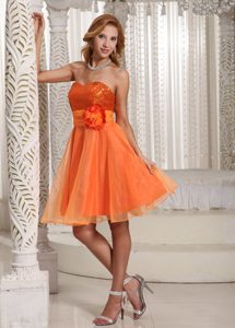 Organza Hand Made Flower Sequined Belt Prom Gown in Orange