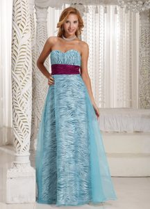 Aqua Blue Organza Zebra Sweetheart Prom Dress With Waistband