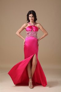 Taffeta Coral Red V-neck Brush High Slit Prom Dress Beaded