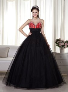 Black and Red Sweetheart Tulle Beaded Prom Dress for Cheap
