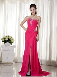 Brush High Slit Fuchsia Sweetheart Chiffon Beaded Prom Dress