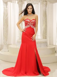 2013 Sweetheart Red Prom Gown with High Slit and Appliques