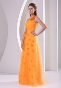 Tulle Orange One Shoulder Prom Evening Dress with Hand Flower
