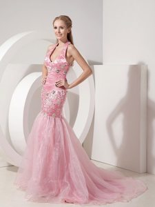 Mermaid Baby Pink Halter Brush Appliques Prom Gown Beaded