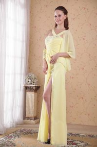 Light Yellow Straps Chiffon High Slit Prom Dress Beaded 2013