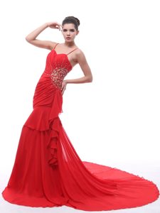 Beaded Spaghetti Straps Court Train Red Ruched Prom Dress